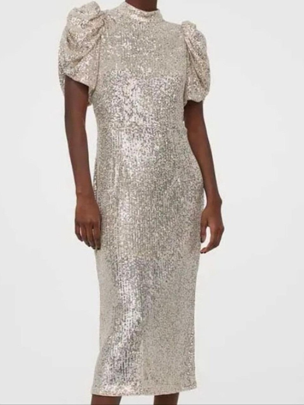 H&M Silver Sequin Puff-Sleeve Midi Dress Size XS NWT